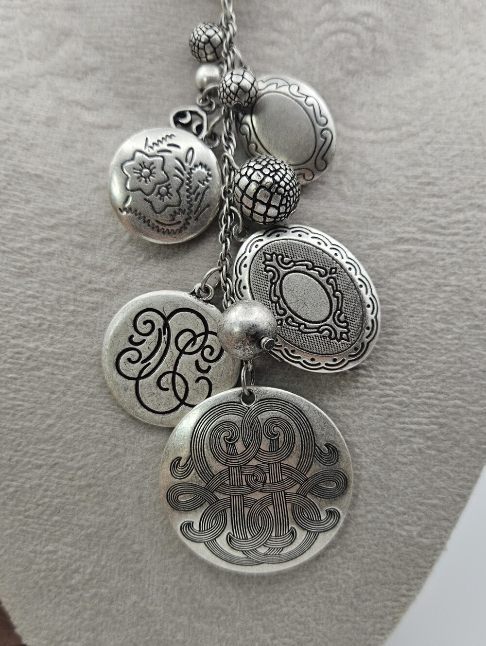 Vintage  Multi Locket Charm Necklace Silver Tone Remembrance Key Signed